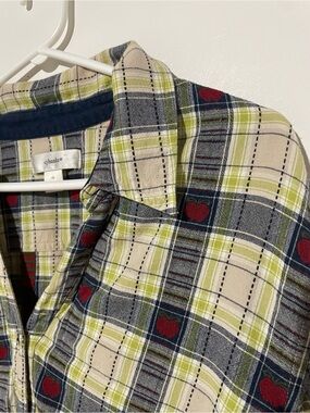 CJ banks Green Plaid Button-Down Jacket with Apple Motif